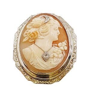 Antique Victorian Beautifully Carved Diamond Shell Cameo Pendant Brooch (A5291)